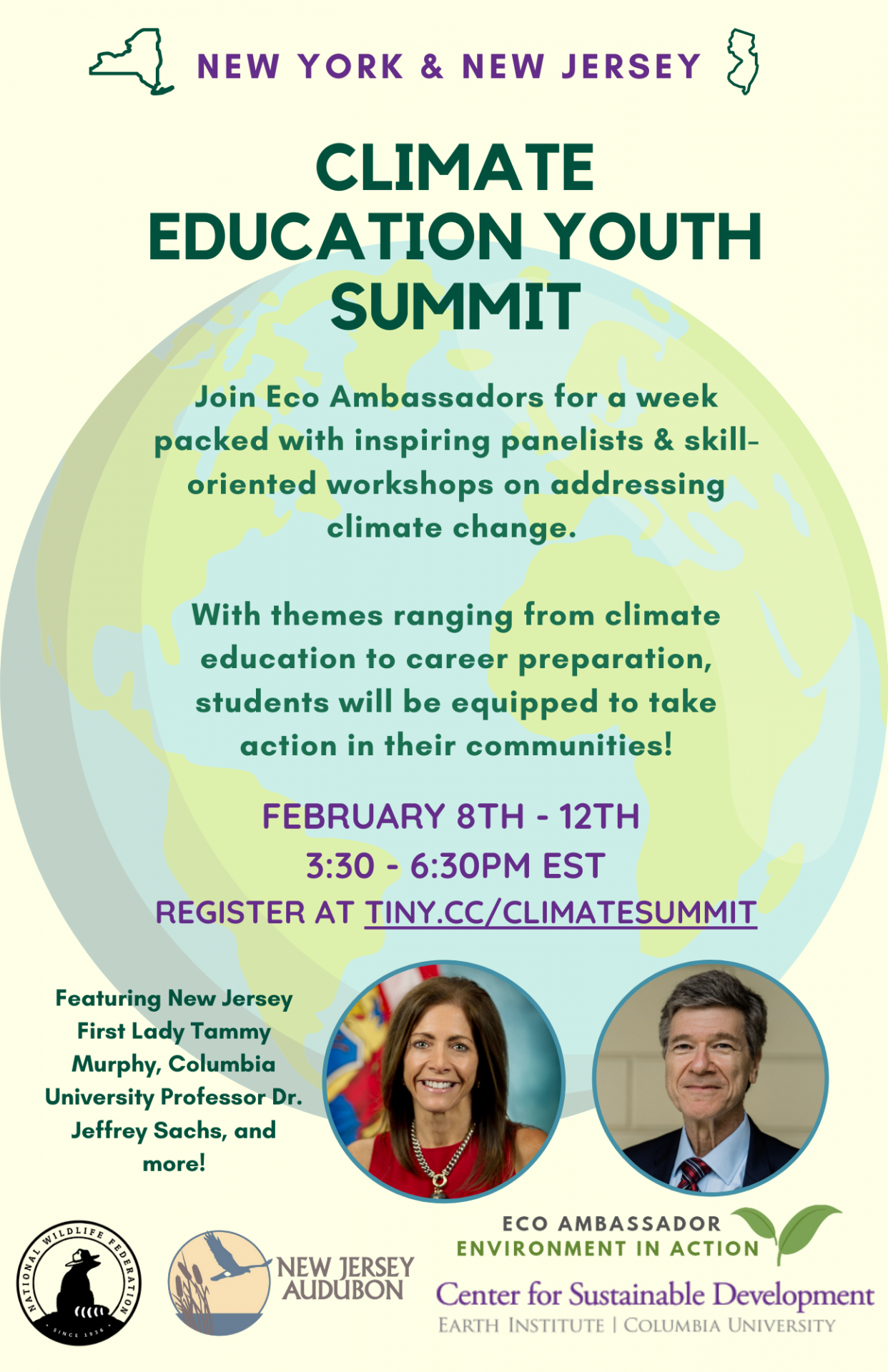 Poster about the NY NJ Climate Education Youth Summit with summary and photo of First Lady of NJ Tammy Murphy as keynote speaker and Professor Jeffrey Sachs as guest speaker