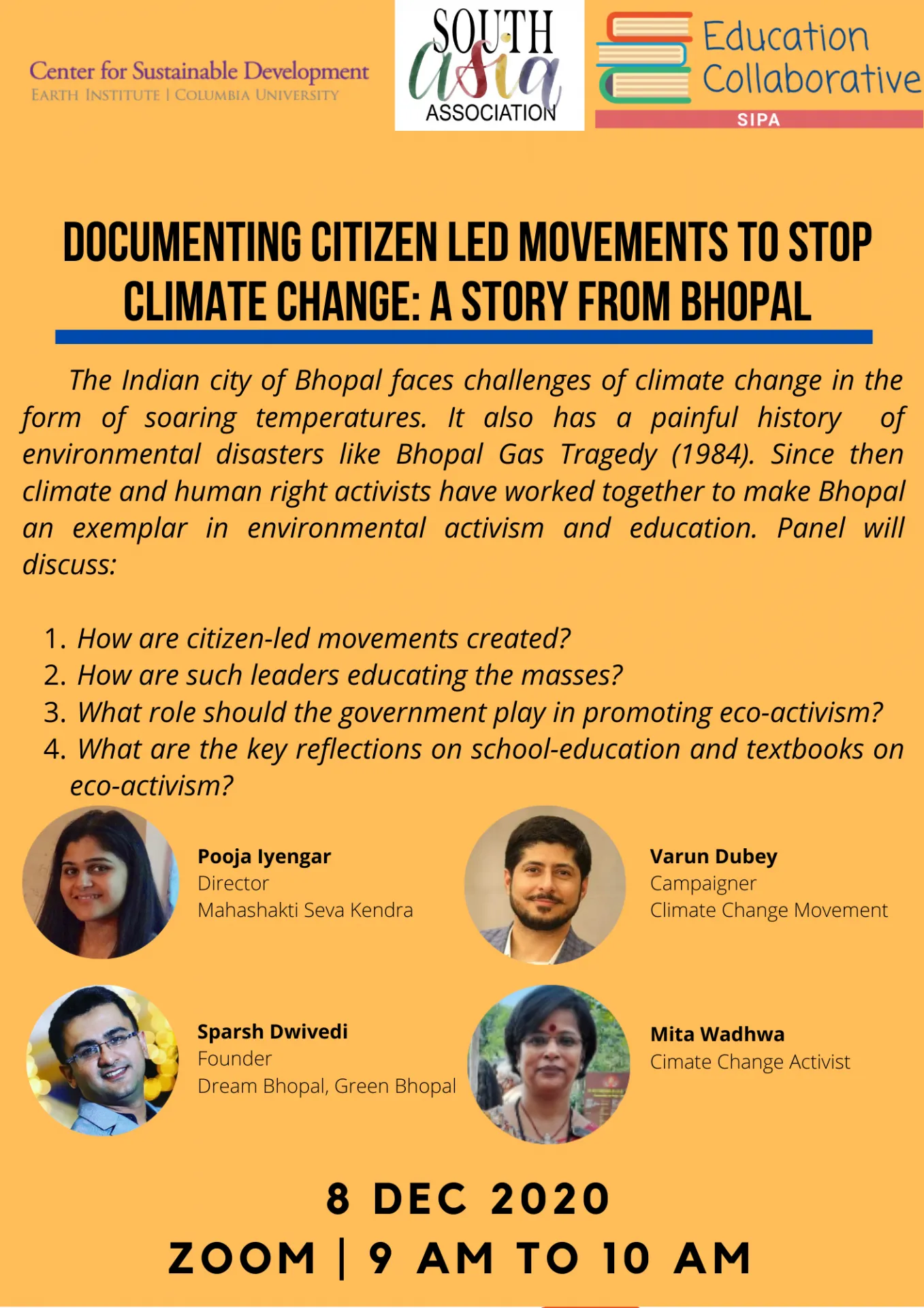 Event Flyer with key questions and speakers presented