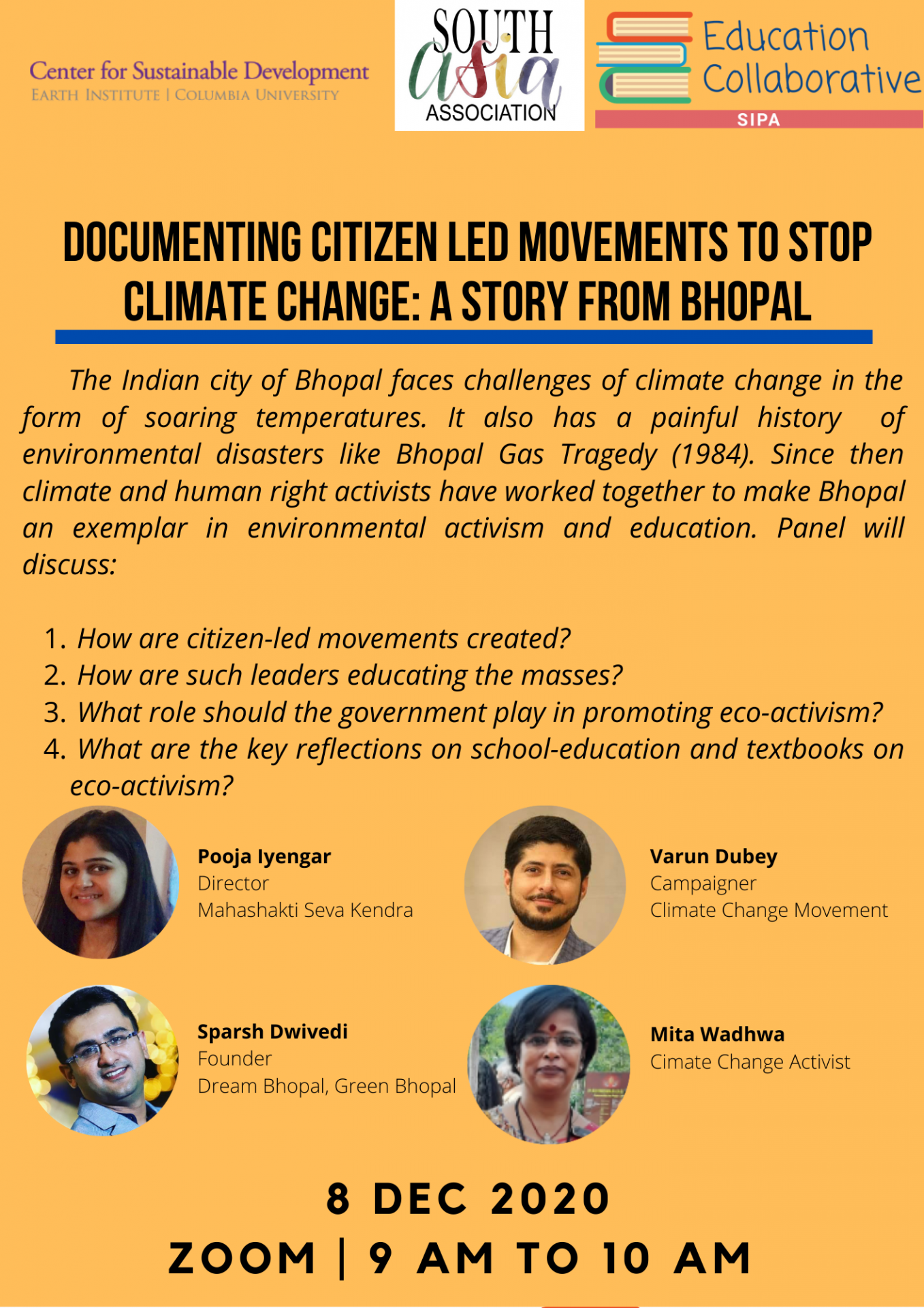 Event Flyer with key questions and speakers presented